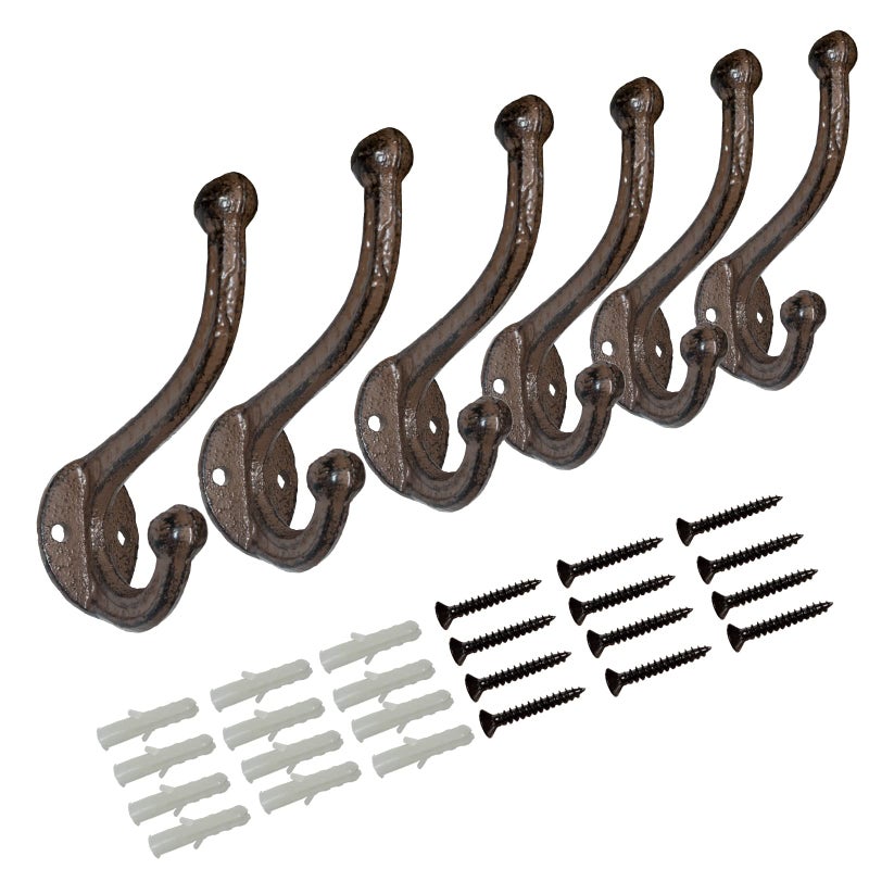 YMAISS Rustic Brown Cast Iron Hooks,Antique Old Shabby Chic Cast Iron Hooks, Wall Mounted(Set of 6) Vintage Inspired Coats, Bags, Hats, Towels,Matching Screws Included - Image 1